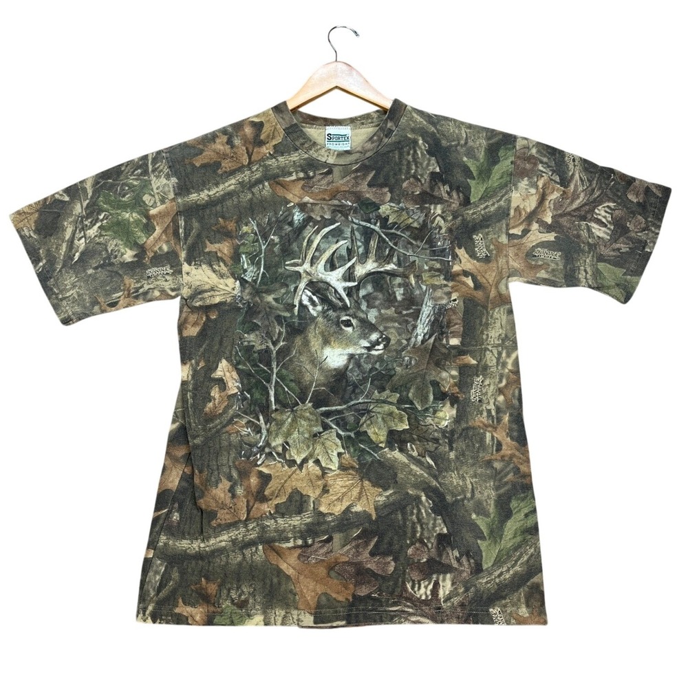 VTG Sportex T-Shirt Men Large Short Sleeve Green Camo Advantage Timber USA MADE